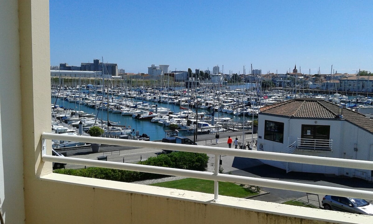A view of the harbor is showcased, filled with numerous boats moored at the docks. The waterfront features modern buildings in the background, along with vibrant greenery lining the path below. A clear blue sky enhances the scenic vista.