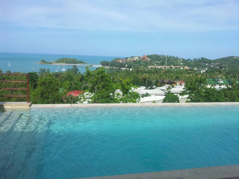 The view from swimming pool area and living room