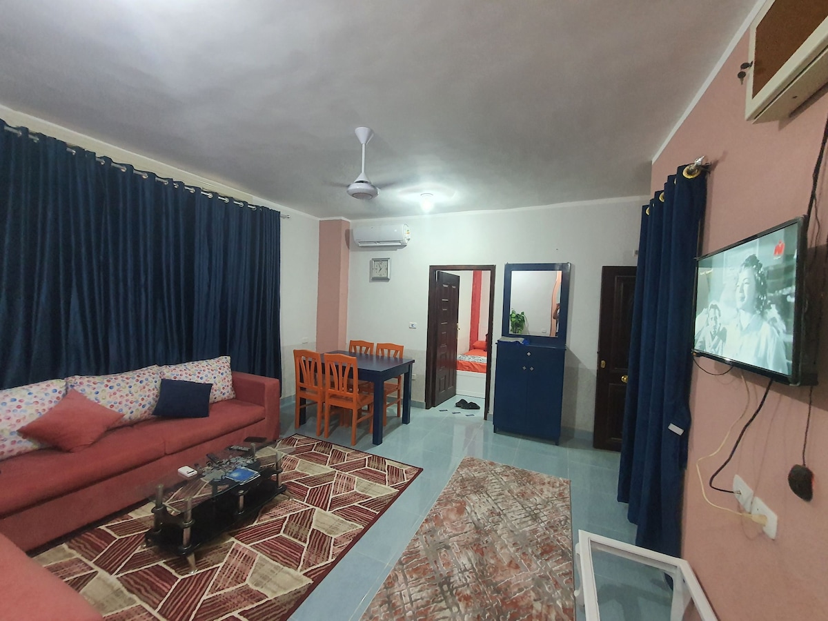 A cozy living area features a large sofa adorned with decorative pillows, alongside a glass coffee table atop a patterned rug. A dining table with blue chairs occupies one side, while a television is mounted on the wall, opposite a set of dark doors leading to other rooms.