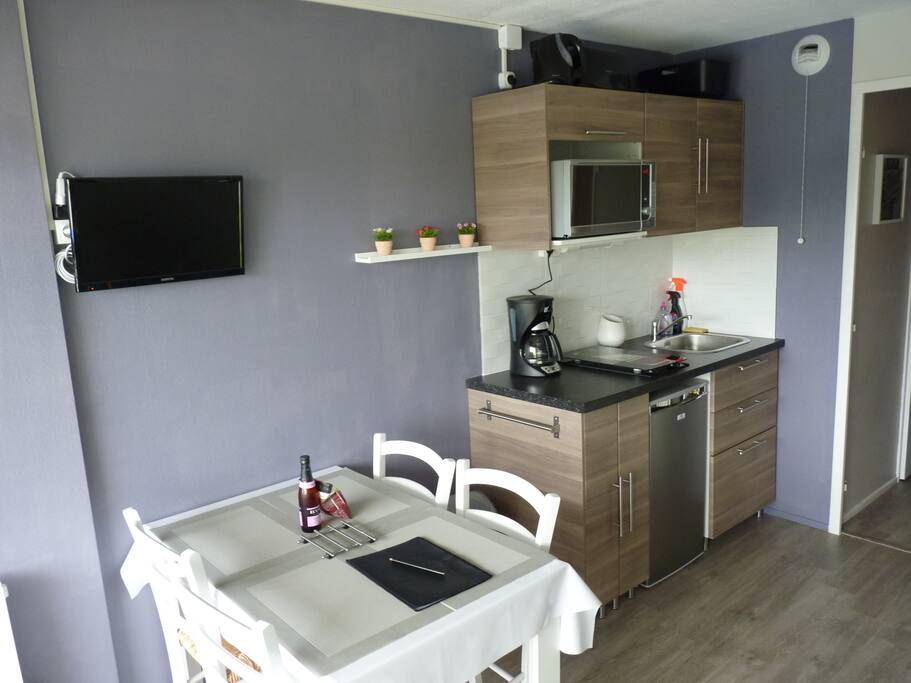 Salle et coin cuisine toute équipée avec tout le nécessaire dont grand micro-onde grill.
