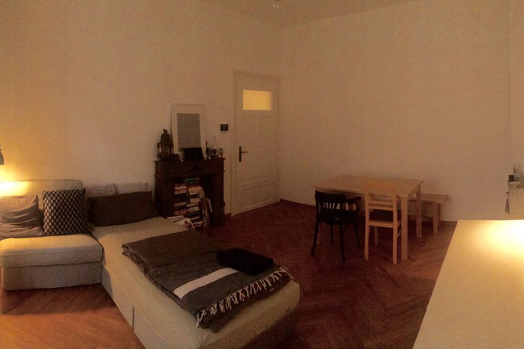 Living room/Bedroom with dining table and work table