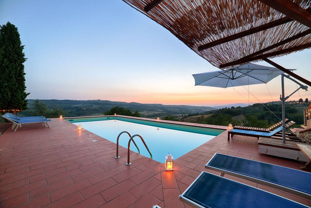 The view from the swimming pool at sunset