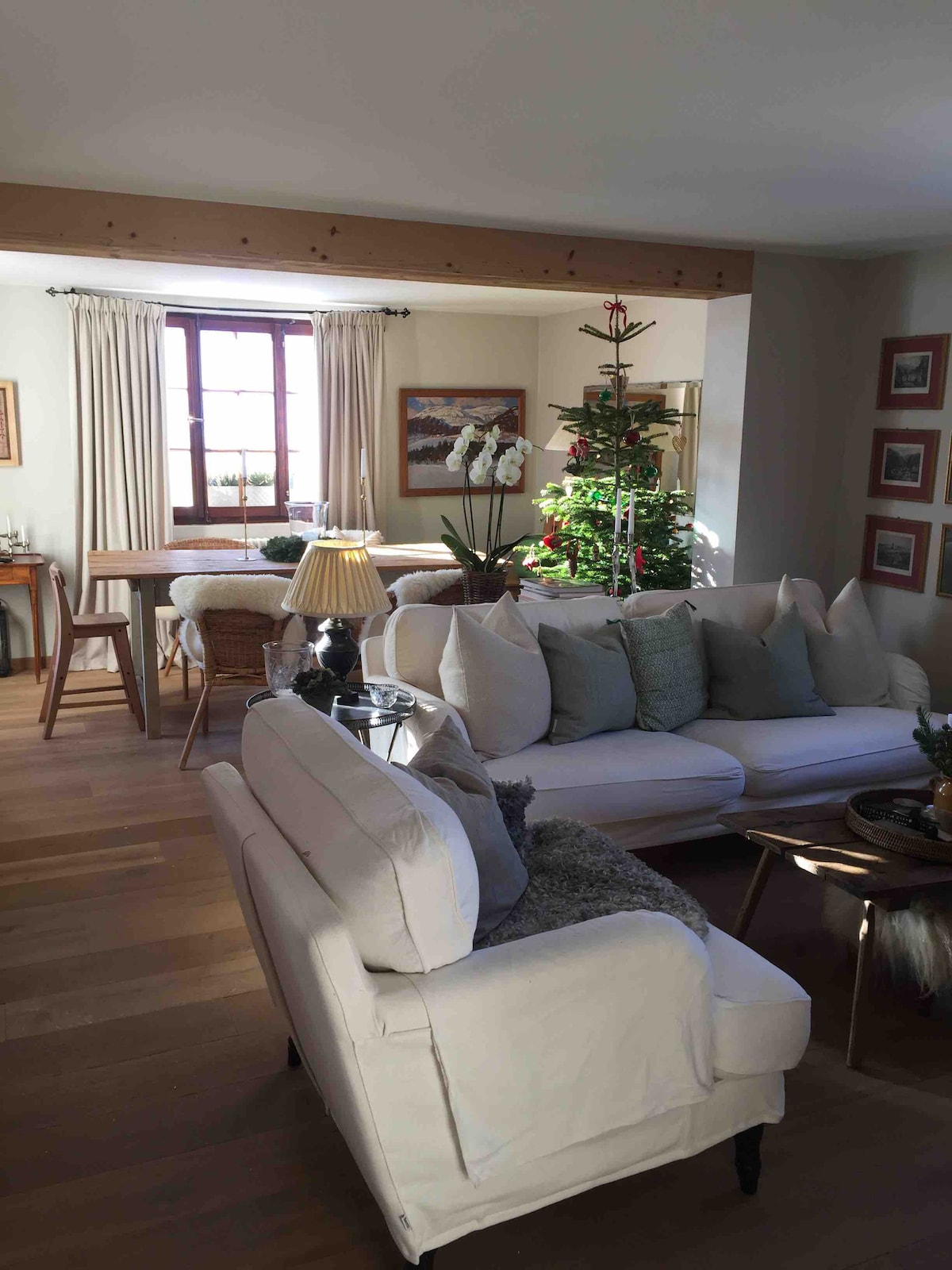A spacious living area is shown, featuring a light-colored sectional sofa adorned with decorative cushions. Natural light filters through the window, highlighting the wooden accents and potted plants. A dining space is visible in the background, complete with a wooden table and wicker chairs.