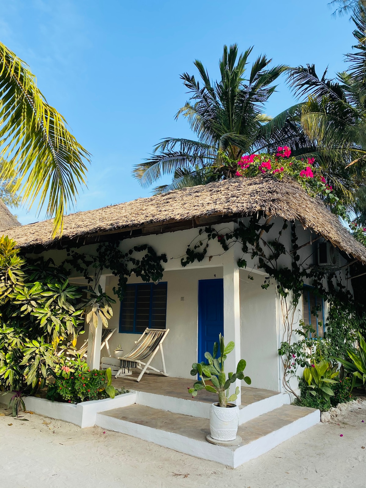 A charming bungalow with a thatched roof is surrounded by lush tropical greenery and vibrant flowers. A welcoming blue door complements the decorative plants. A comfortable chair sits on the spacious porch, offering a serene view of the garden.
