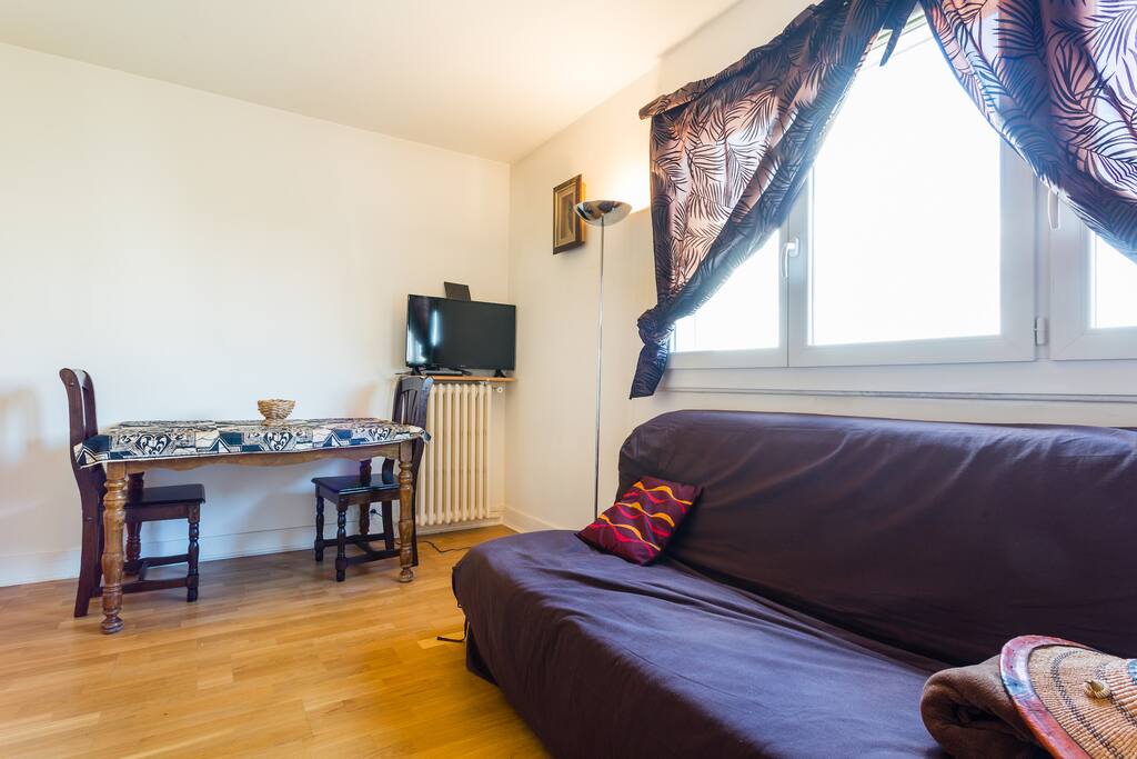 Au delà de deux voyageurs ou de plus de 3 jours de réservation: Salon, chambre 2, télévision, table, canapé-lit, sans vis à vis, 2 armoires.