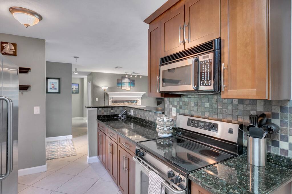The kitchen includes a starter supply of dish soap and paper towels for your convenience.