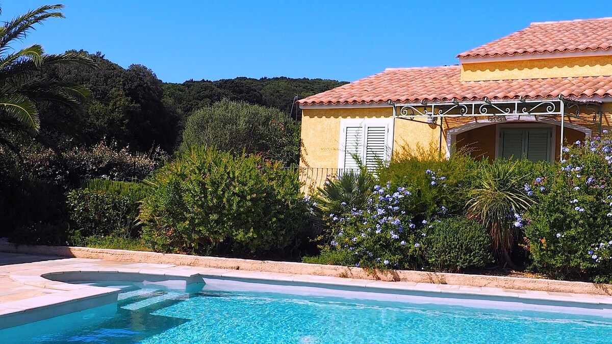 The image captures a clear blue swimming pool in the foreground, with lush greenery and colorful floral arrangements framing its edges. A charming yellow house with a tiled roof and shuttered windows is positioned in the background, set against a backdrop of green hills under a bright blue sky.