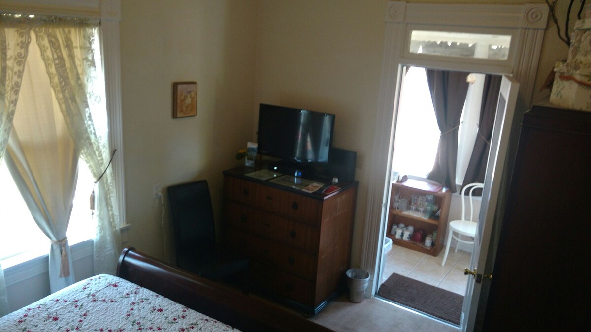 Uitzicht op het noorden van de Victoriaanse tuinkamer met kast, televisie/internet en deur naar kitchenette.