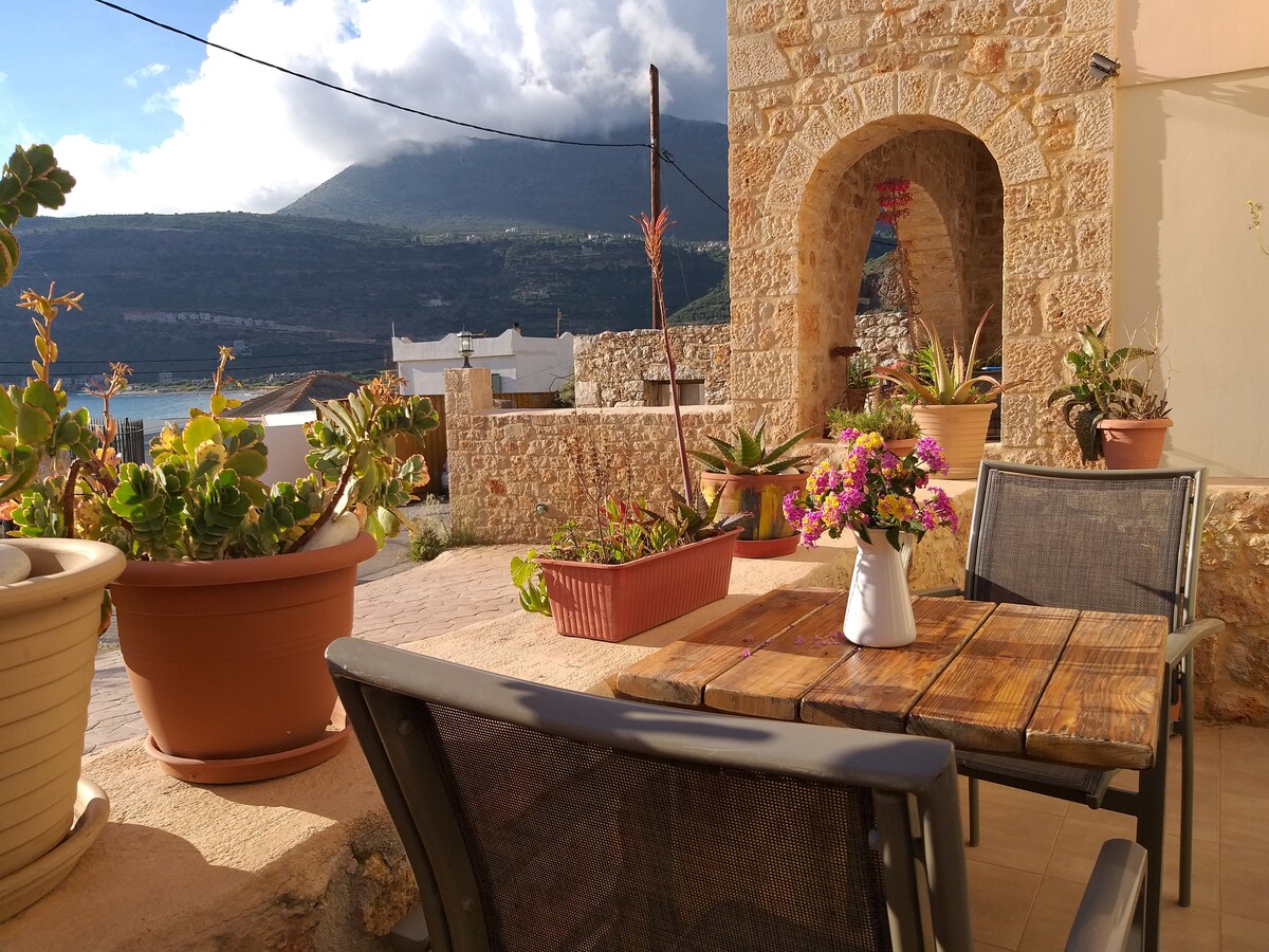 An outdoor seating area features a wooden table surrounded by gray chairs. Flower pots with various plants decorate the space. In the background, a mountain landscape can be seen, with partial views of the sea under a partly cloudy sky.