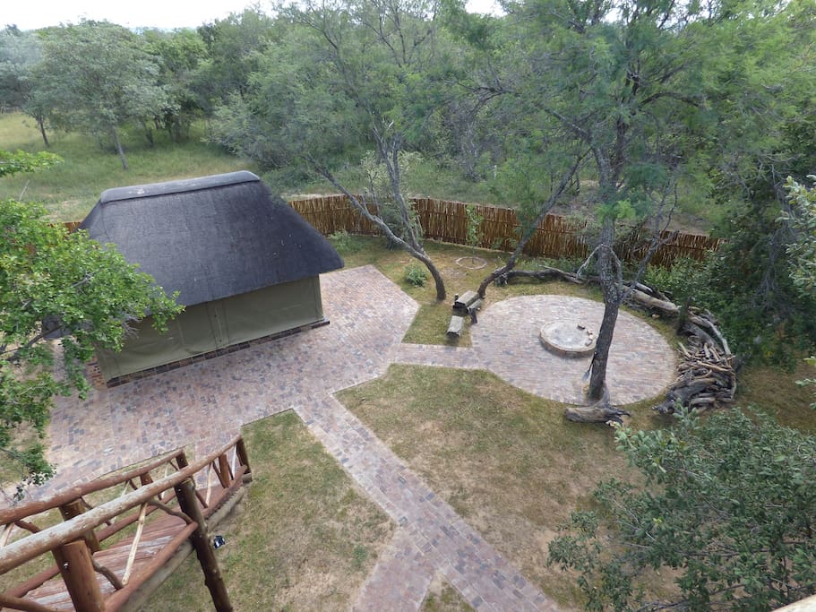 View from the highstand looking down onto the bar area and Braai area (fire pit)