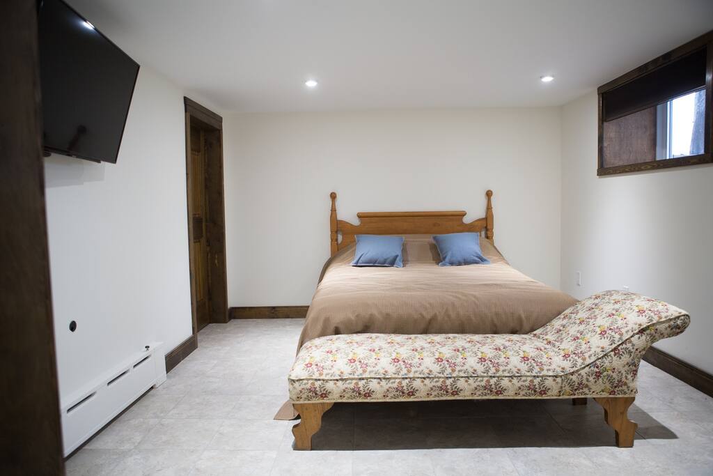 Bedroom 4 | rear basement bedroom . queen bed . chaise . tv