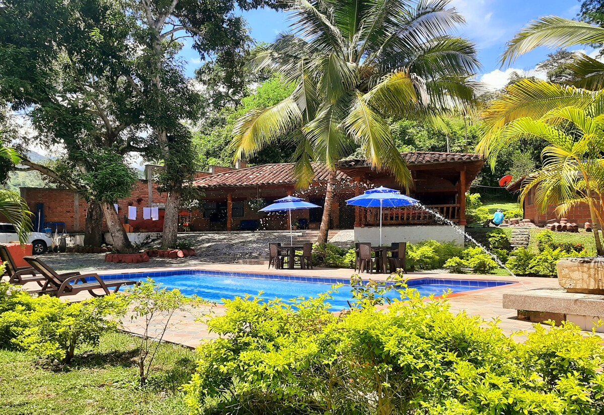 A tranquil outdoor area features a pool with fountains surrounded by lush greenery and palm trees. Several lounge chairs and tables offer seating options, while blue umbrellas provide shade. A rustic structure can be seen in the background, enhancing the natural landscape.