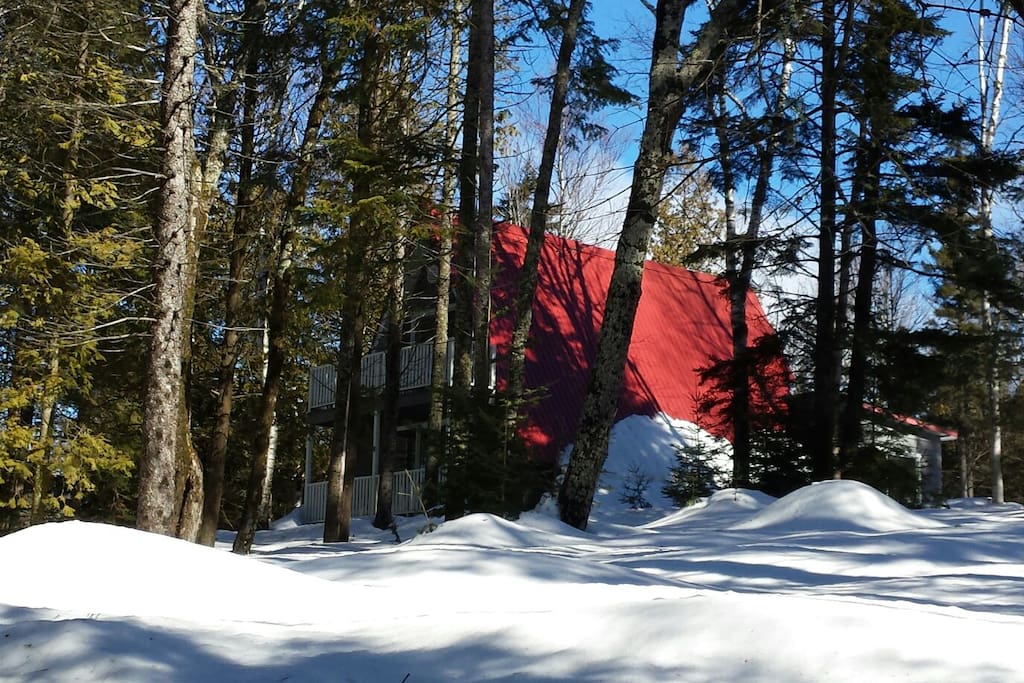Le chalet entouré de neige l'hiver.