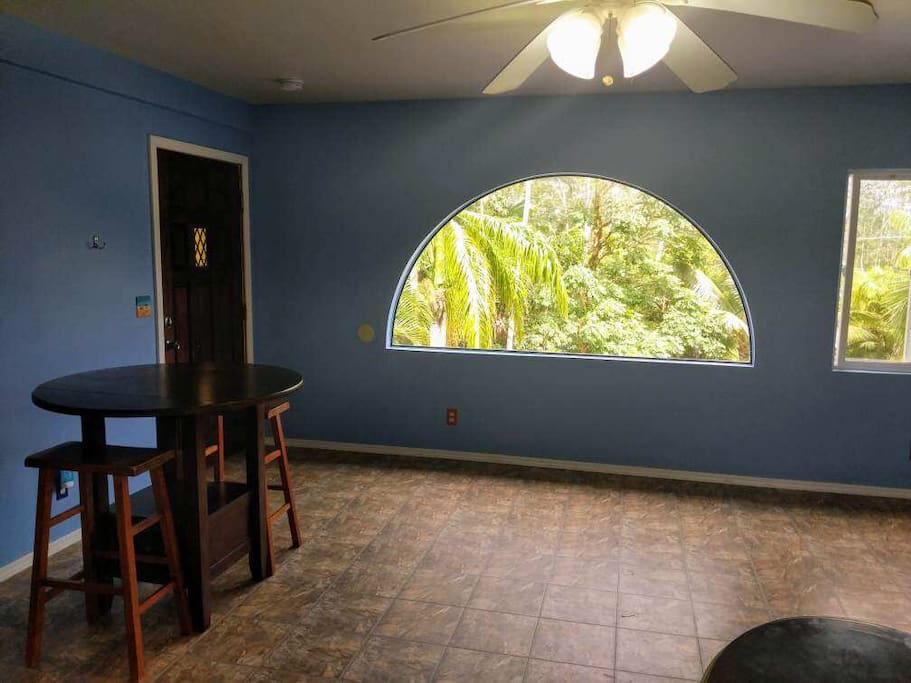 Dining table has excellent view of the flowering trees in the front yard