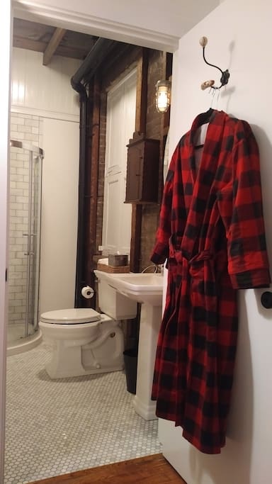 All new marble tiled, private bath with winter flannel robes