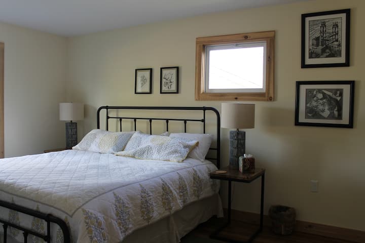 King bed with TV, full bath and walk in closet.