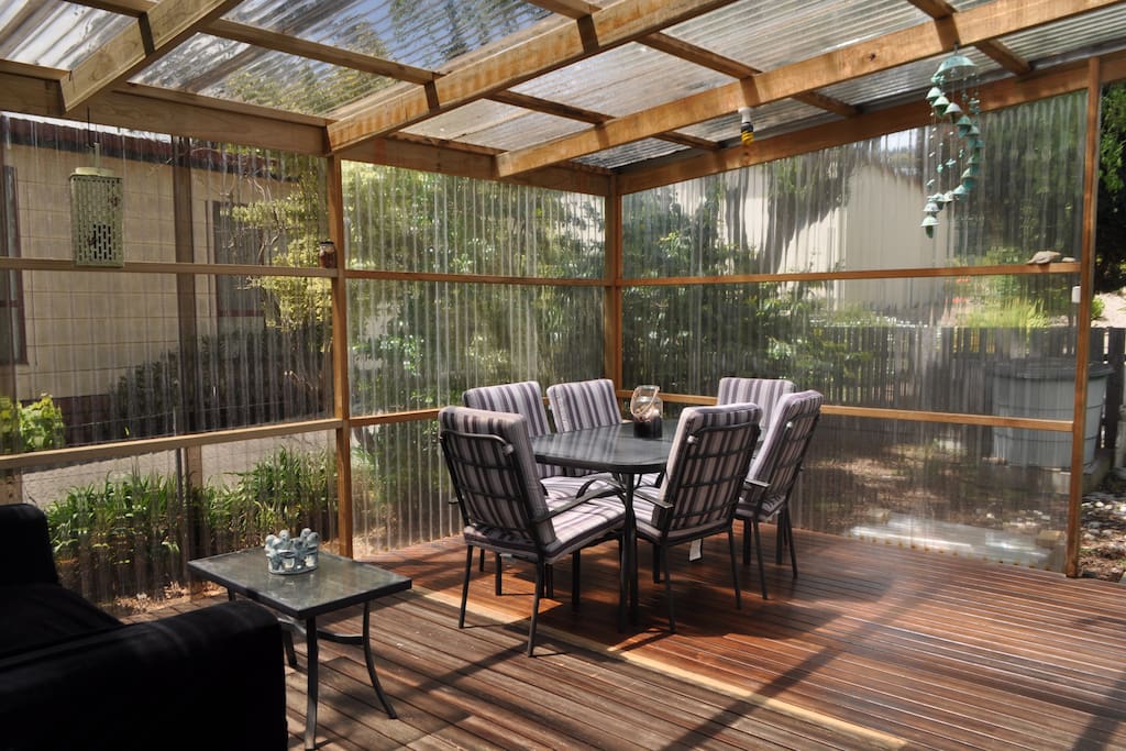 Warm and large sunny deck protecting you from the wind and rain in winter.