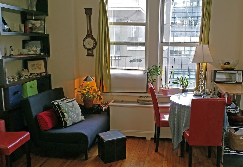 Bright comfy seating area for reading, dining, gathering. Table opens up to seat 6, and chaise folds out into twin bed.