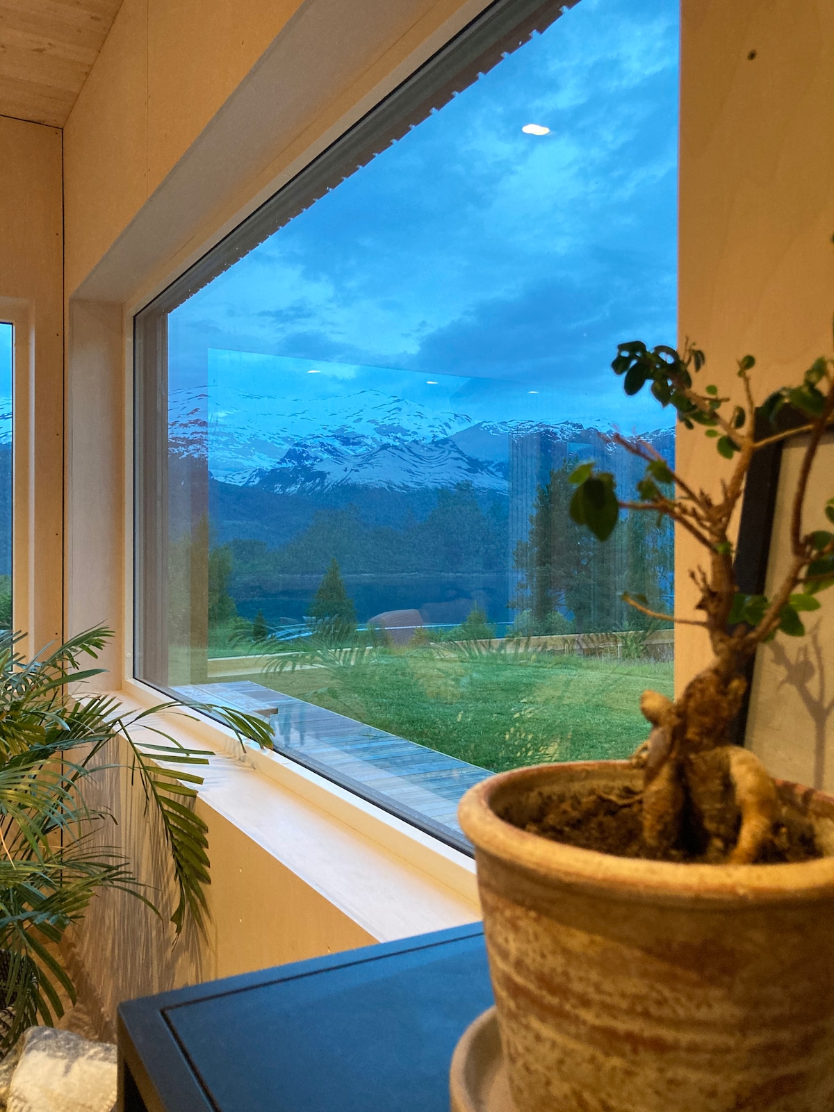 A large window frames a stunning view of snow-capped mountains under a cloudy sky. In the foreground, a potted plant sits on a table, adding a touch of greenery to the bright interior space.