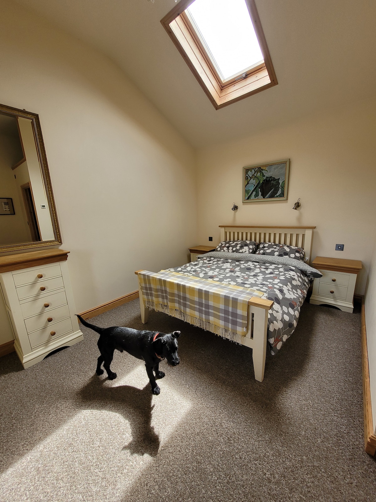 豪华加大双人床，配有充足的衣柜和抽屉储物柜。