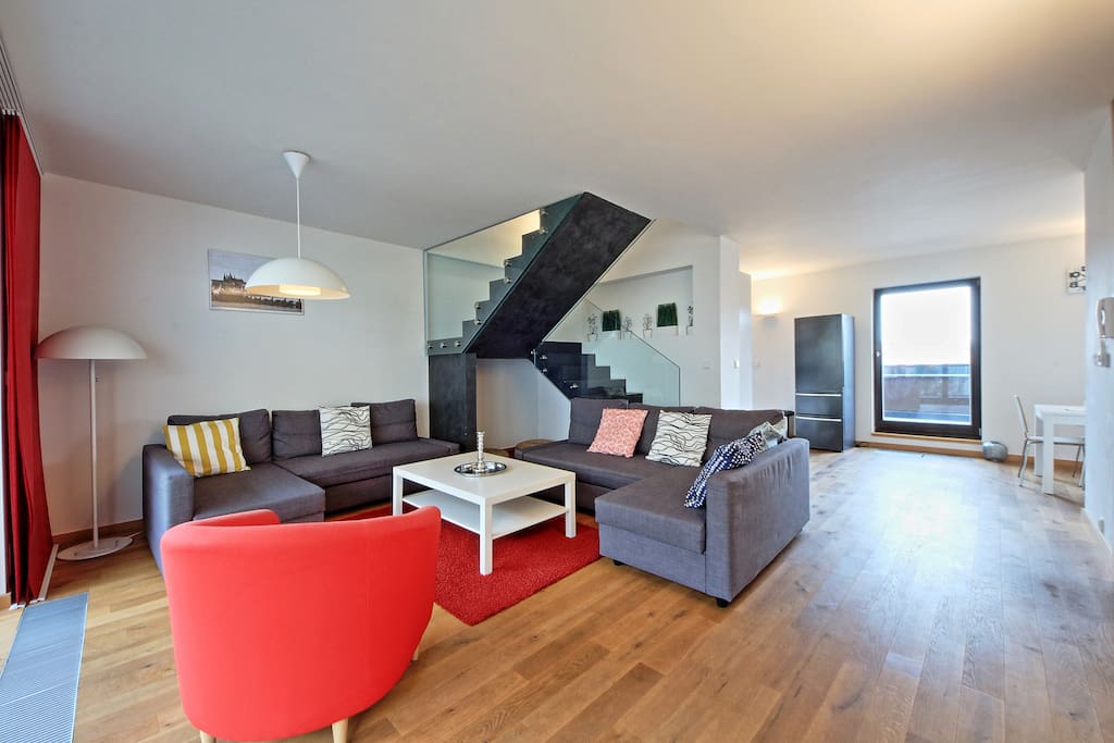 living room with kitchen area