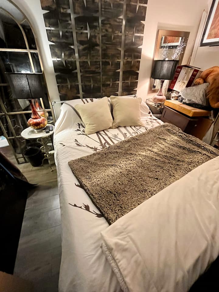 Esta es la guarida en renovación.  La cama tamaño queen está preparada para una sola persona, es un colchón de espuma viscoelástica muy acogedor con un cubrecamas de piedra Brook de 3 pulgadas.  El televisor de 40pulgadas está montado en la pared y configurado con Roku.  Una habitación solo para adultos hasta que se complete la renovación.