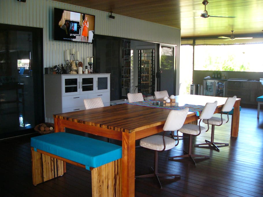 Shared outdoor table with TV