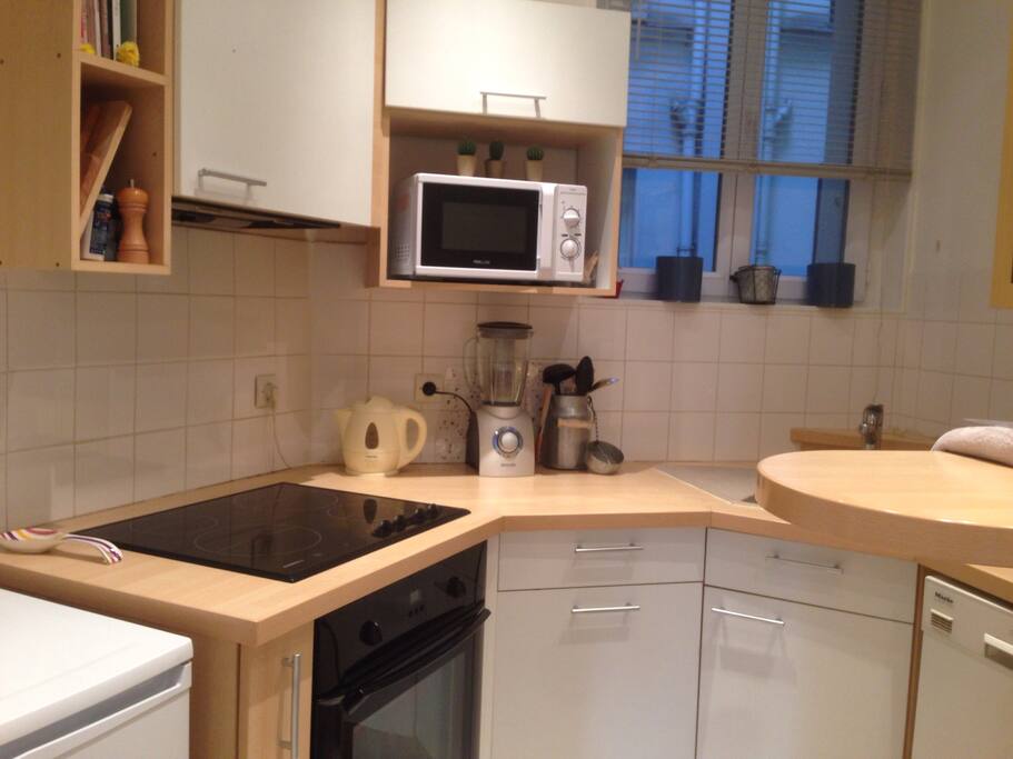 Cuisine avec comptoir, entièrement équipée, plaques de cuisson, four, micro-onde, lave vaisselle, lave linge, petit frigo, vaisselle et ustensiles de cuisine fournis.