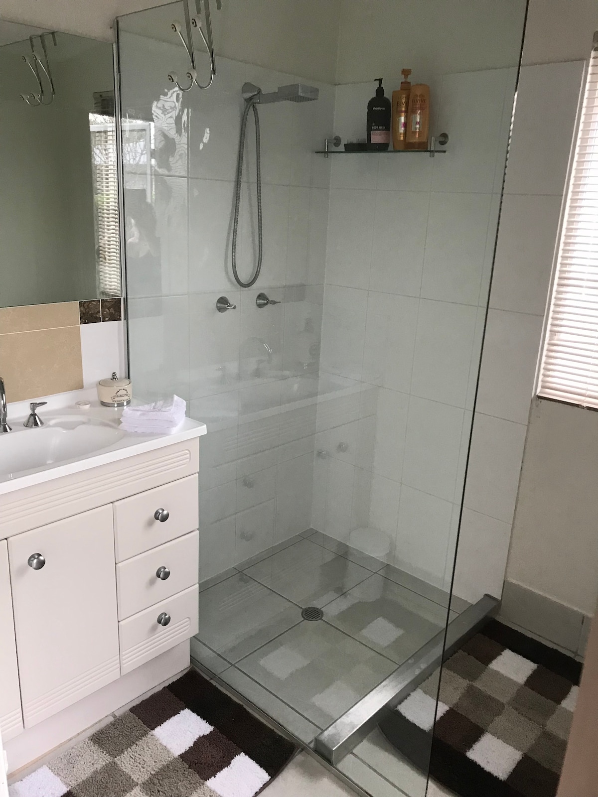 A modern bathroom is highlighted with a frameless glass shower enclosure. A sleek vanity with two sinks and ample storage is positioned beside it. Products are neatly displayed on a glass shelf above the shower. Light filters in through a partially covered window, enhancing the clean lines.