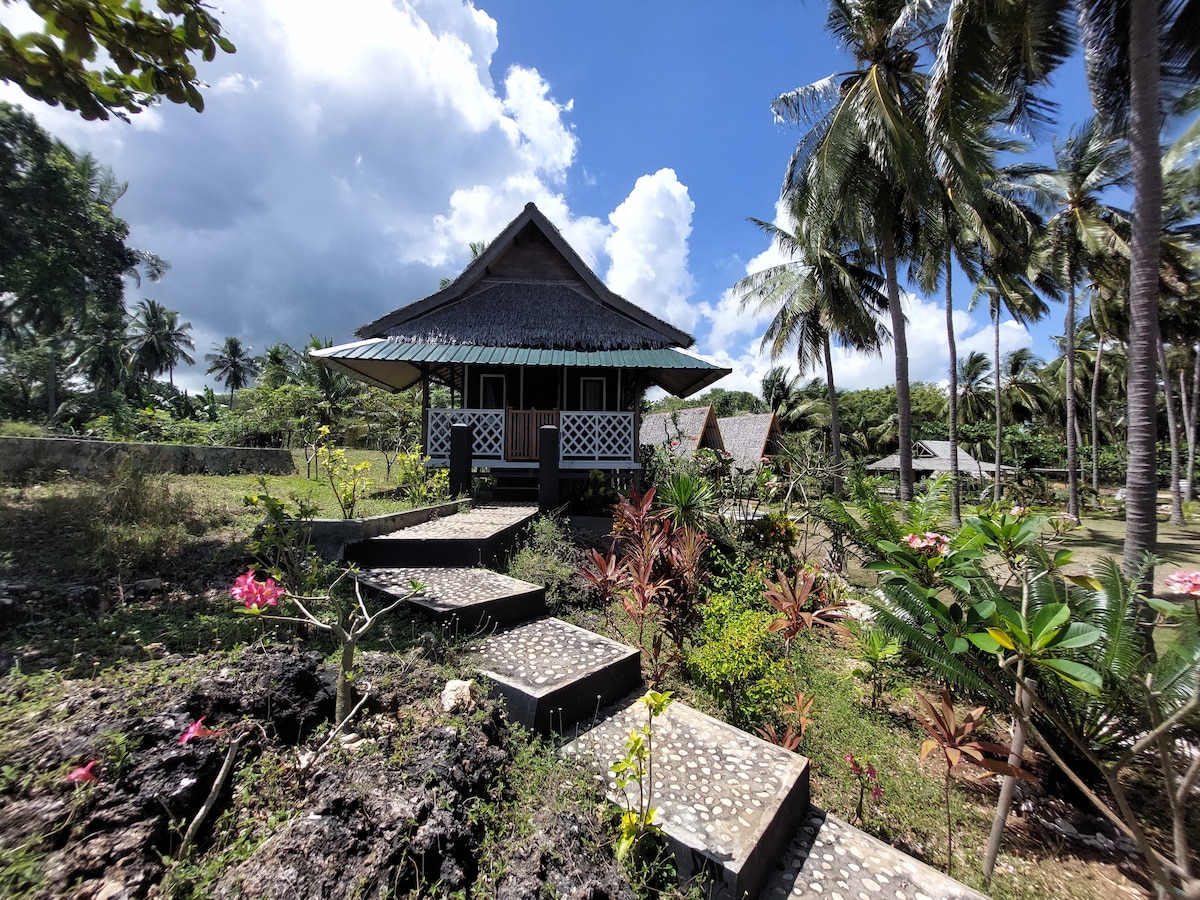 A traditional bungalow is set amidst lush greenery, featuring a sloped roof and a spacious porch. Stone steps lead up to the entrance, surrounded by vibrant tropical plants. The sky above is clear with scattered clouds, highlighting the serene landscape.