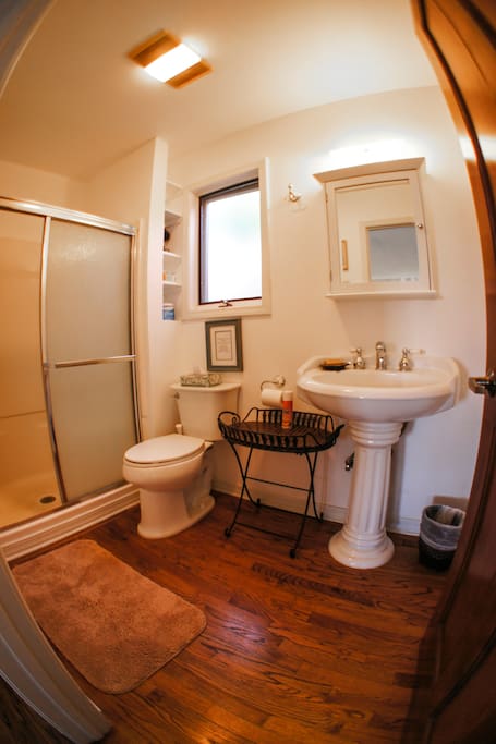 Bathroom with shower & amenities