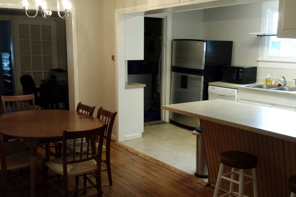 kitchen and dining area (with office in the back)
