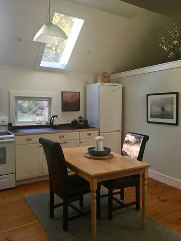 Morning light from the skylights