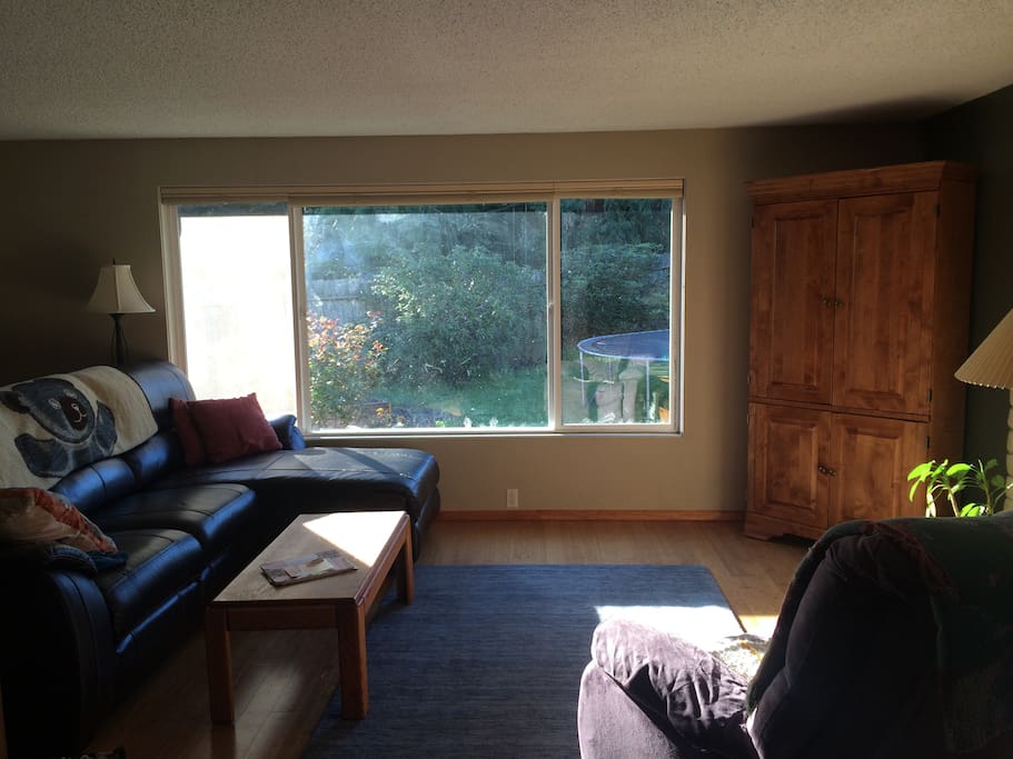 Living room opens to the garden. Smart TV is in the cabinet.