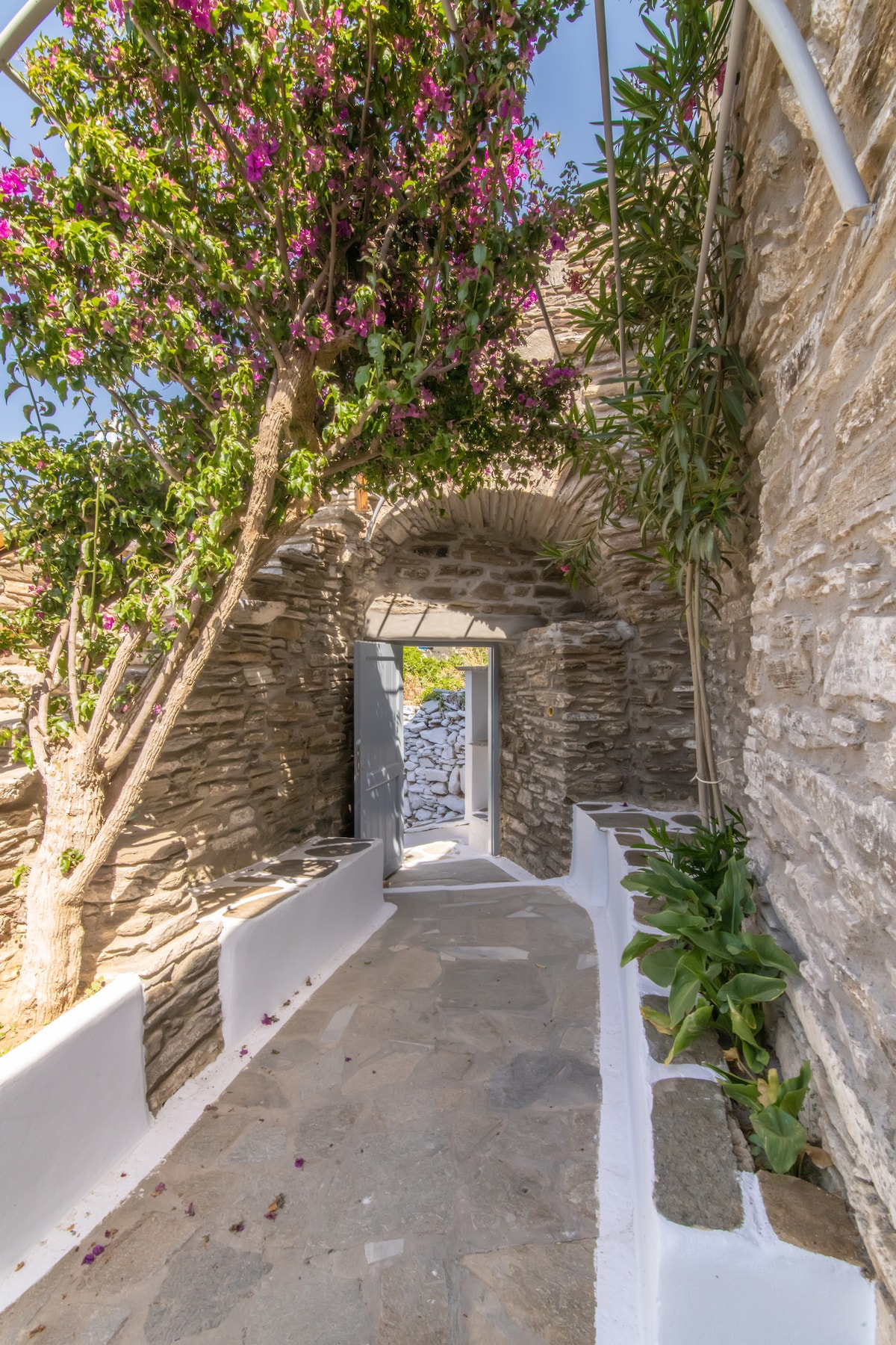 A stone pathway leads through an archway adorned with vibrant flowers, creating a welcoming entrance. Green plants line the whitewashed walls, complementing the natural stone texture. Soft sunlight casts gentle shadows, enhancing the traditional charm of the space.
