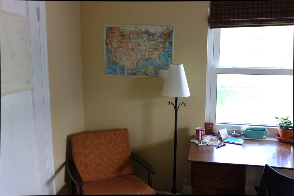Comfy orange chair and lamp for all your late-night or early-morning study/lounge needs! Not just for scholars!