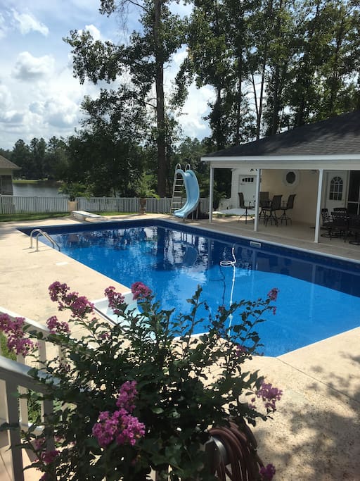 Swimming Pool and pool house w/ pool table , kitchenette & full bath.