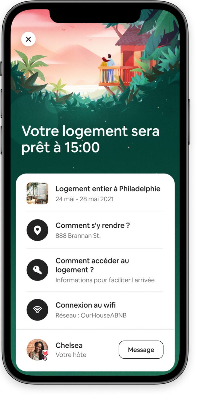 Les informations destinées aux voyageurs, comme l'accès aux informations sur l'arrivée et sur l'hôte dans l'application Airbnb.