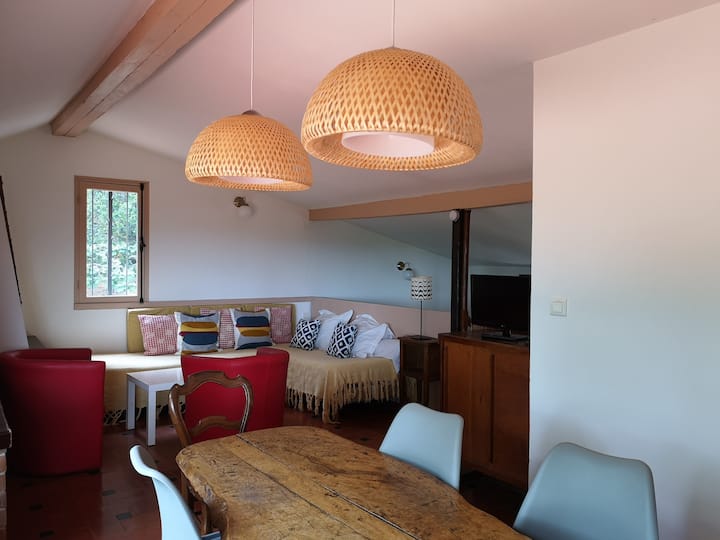 Sebule maradufu iliyo na meza kubwa kwa ajili ya milo ya kirafiki yenye mandhari ya Saint-Tropez. 