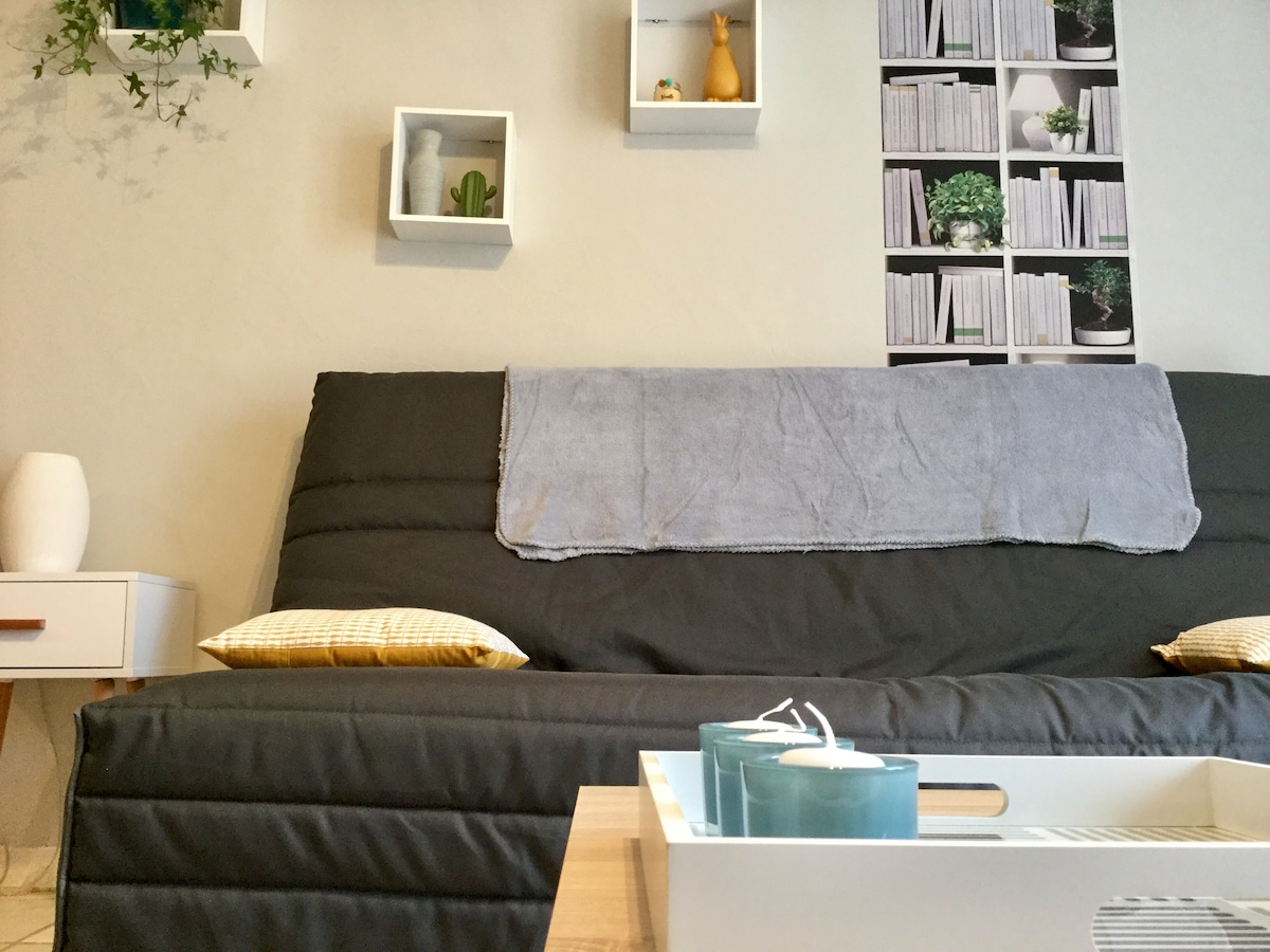 A comfortable space is presented with a dark sofa, layered with a cozy throw and accent pillows. A small coffee table is positioned in front, featuring decorative candles. Wall-mounted shelves display small plants, while a backdrop of arranged books adds a subtle touch to the ambiance.