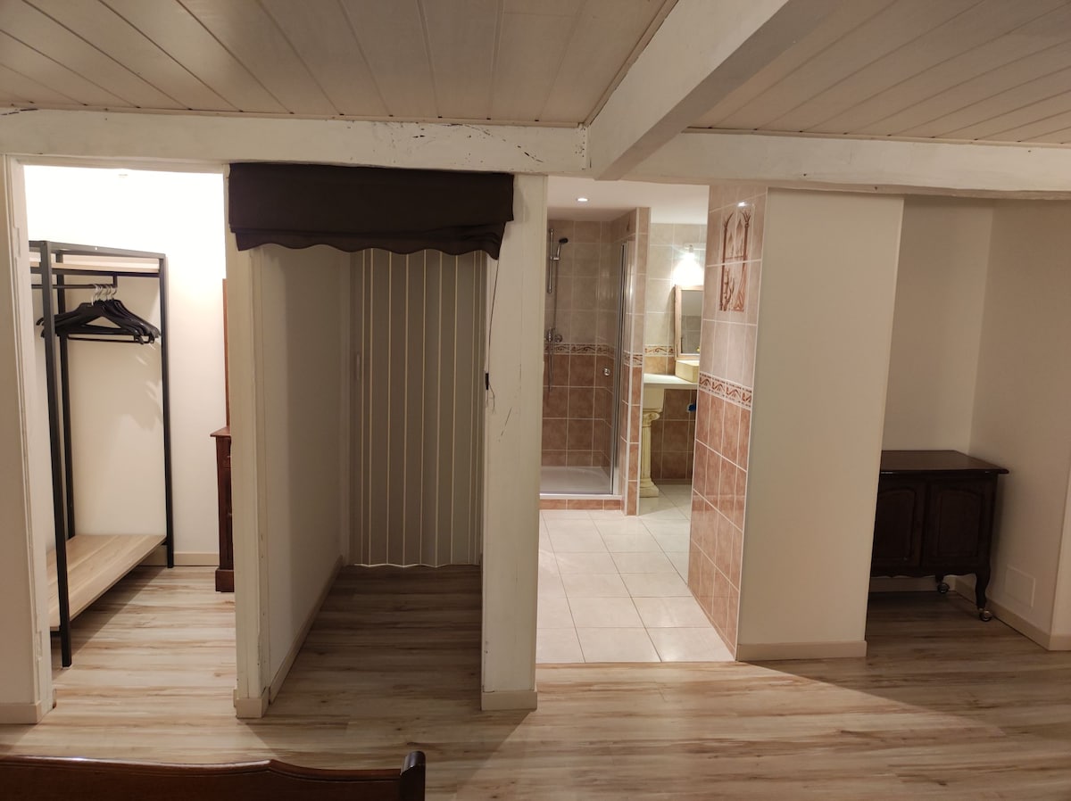 An open area features a design that separates the space into distinct sections. A clothing rack stands alongside a wooden storage unit, while a partially open room reveals tiled bathroom fixtures and a spacious shower. Light wood flooring adds warmth to the environment.