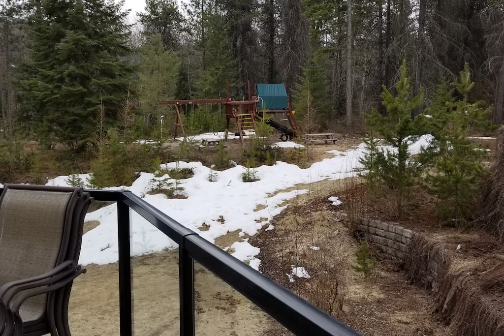 Backyard deck and play space, trails