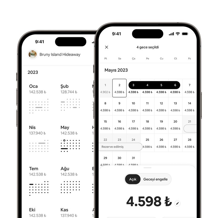 Airbnb uygulaması, birden fazla tarihin seçildiği ev sahibi takvimini ve yeni "seçmek için kaydır" özelliğini gösteriyor.