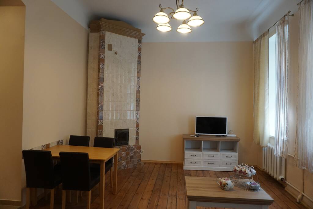 Living room with old renovated wooden floors