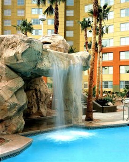 Waterfall in pool area.