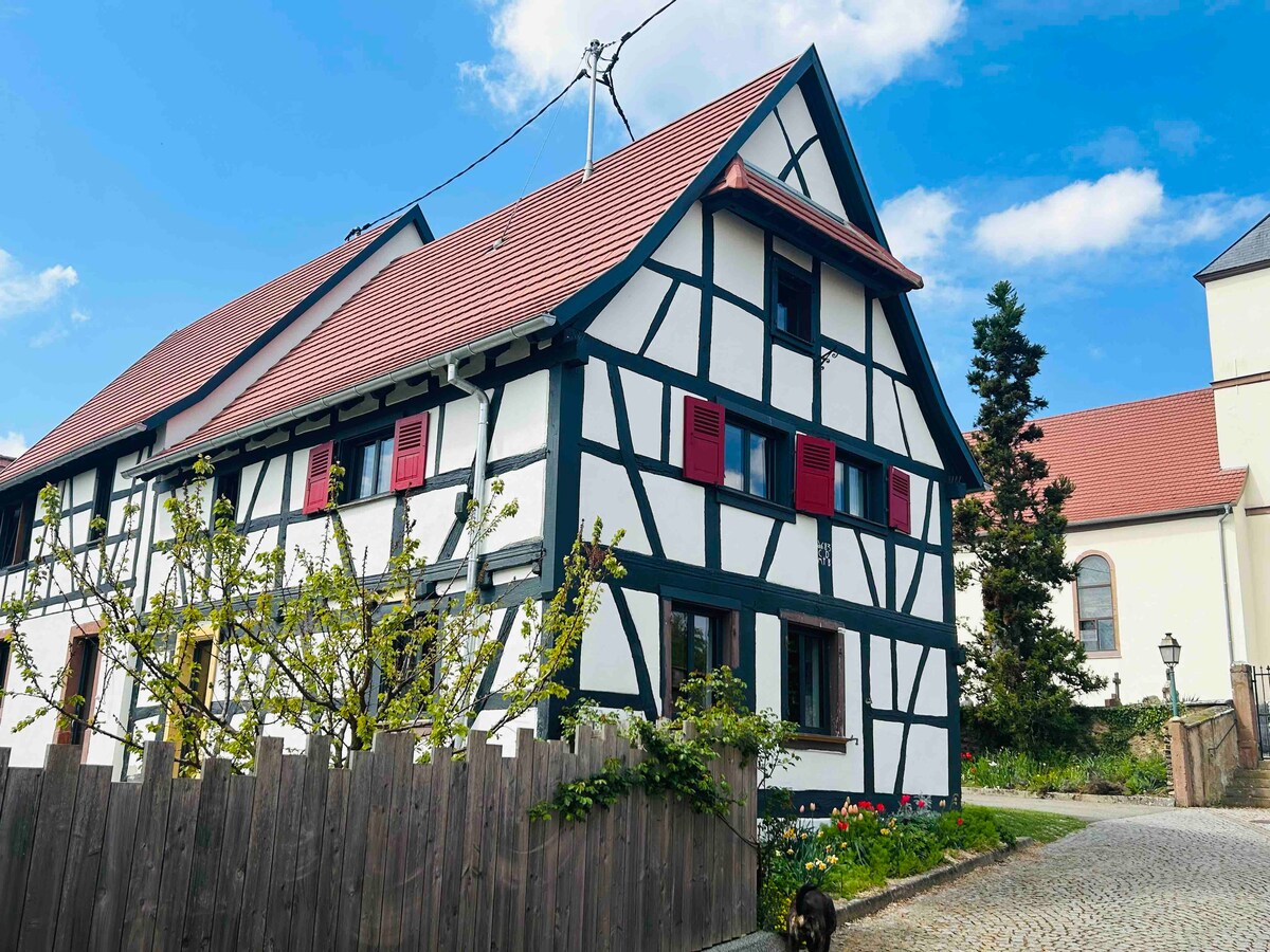 A traditional half-timbered house is featured, highlighting its white facade with contrasting dark wood beams and red shutters. Lush greenery surrounds the property, and colorful flowers are visible near a wooden fence. A peaceful village setting is suggested by the architecture and outdoor space.