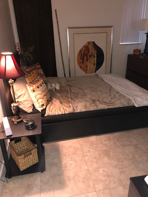 Bedroom- fresh bedding, comfy pillows and throws, platform queen bed, two night stands, dresser with 32” flatscreen and blu Ray player with Netflix, a desk and a super comfy desk chair, a decent sized closet with plenty of hangers. I leave a ridiculous amount of essentials in the room, help your self!