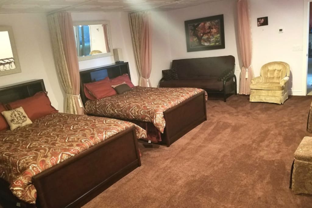 Our bedroom sleeps up to 6 and has privacy curtains at each bed.