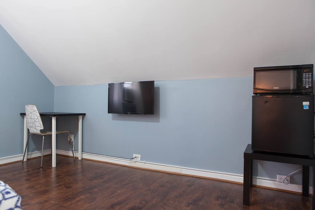 Television, Microwave, Mini-Fridge, Desk and Chair