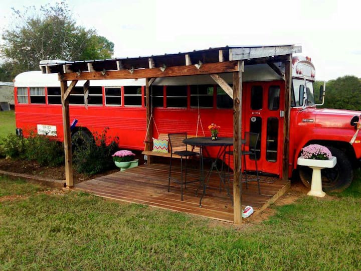 Cozy school bus in NC foothills.